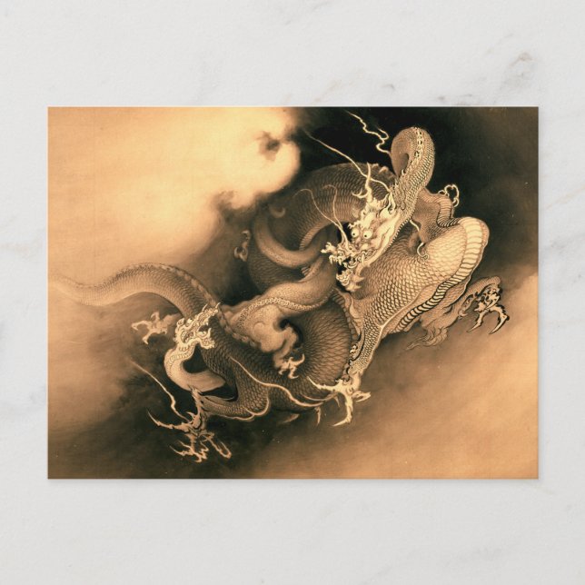 Carte Postale Deux dragons dans les nuages (1885) par Kanō Hōgai (Devant)