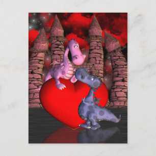 Carte Postale deux dragons mignons, l'un sur le coeur l'autre re