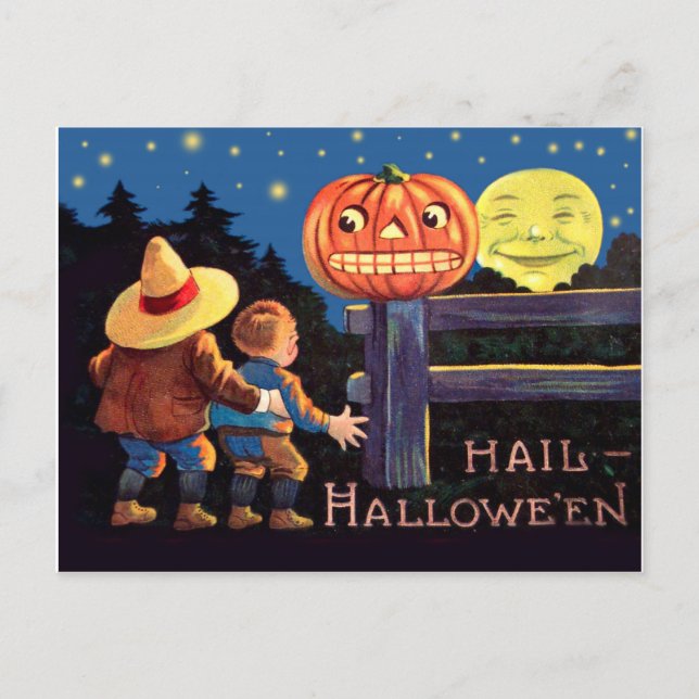 Carte Postale Deux enfants effrayés la veille d'Halloween (Devant)