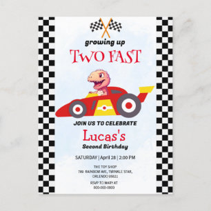 Carte Postale Deux Fast Dinosaur Race Car 2e fête d'anniversaire