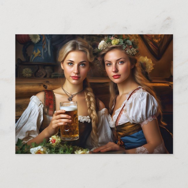 Carte Postale Deux femmes au Dirndl. De la bière. Bavière (Devant)