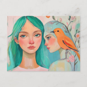 Carte Postale Deux femmes et un oiseau