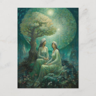 Carte Postale Deux femmes sous un arbre la nuit de la pleine lun