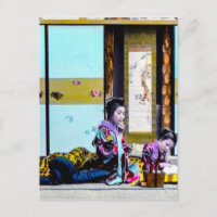 Deux Geisha Fumer Avant Lit Vintage Japon