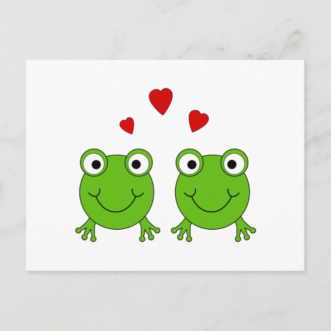 Carte Postale Deux grenouilles vertes au coeur rouge. (Devant)