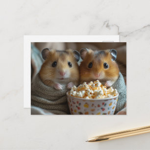 Carte Postale Deux hamsters avec un grand bol de popcorn