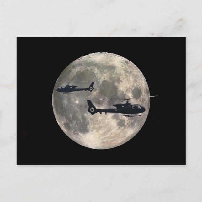 Carte Postale deux hélicoptères silhoués par une pleine lune (Devant)