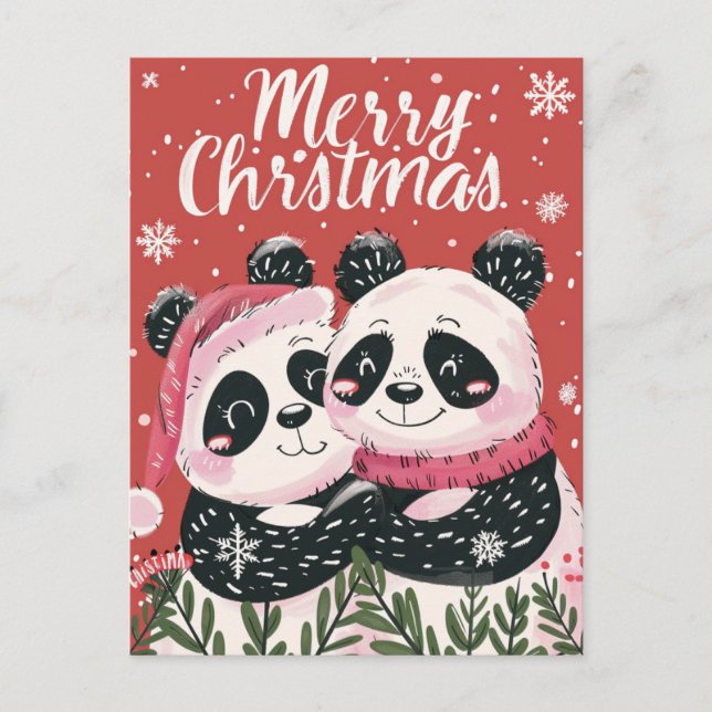 Carte Postale Deux joyeux Panda Joyeux Noël (Devant)
