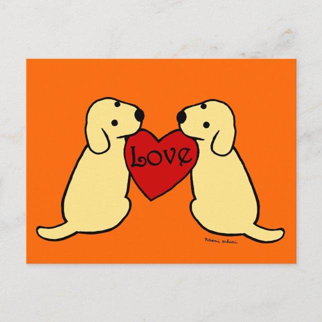 Carte Postale Deux Labradors Jaunes avec Dessin d'Amour (Devant)