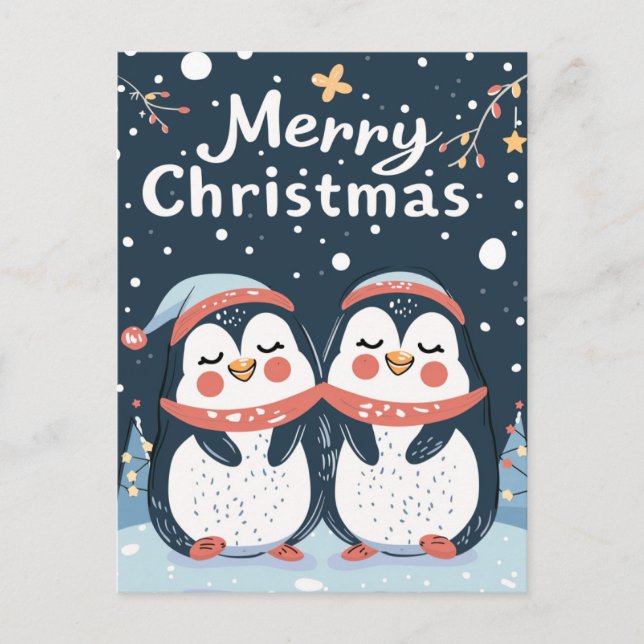 Carte Postale Deux mignons pingouins Joyeux Noël (Devant)
