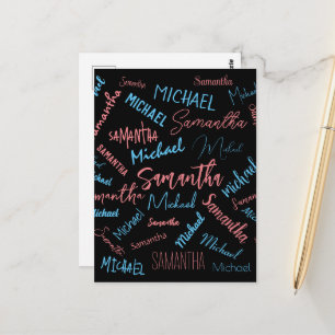 Carte Postale Deux noms couples motif monogramme bleu clair rose