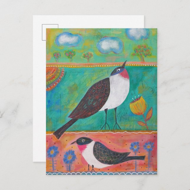 Carte Postale Deux oiseaux et fleurs (Devant / Derrière)