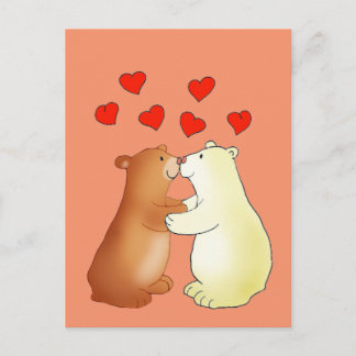 Carte Postale Deux ours embrassant et coeurs d'amour