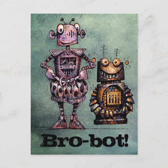 Carte Postale Deux Robots Drôle - Bro-Bot ! (Devant)