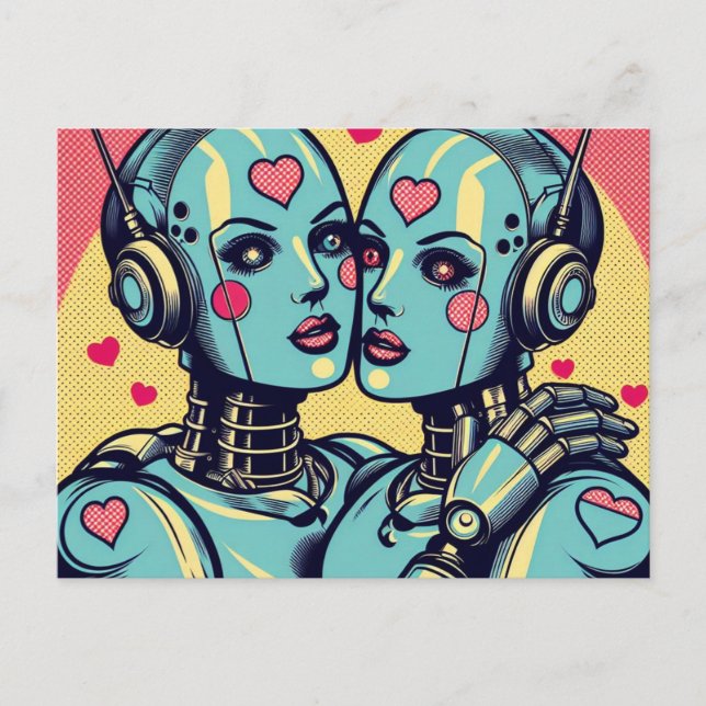 Carte Postale Deux robots féminins amoureux (Devant)