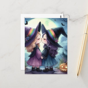 Carte Postale Deux Sorcières Kiss Pride série Aquarelle Hallowee
