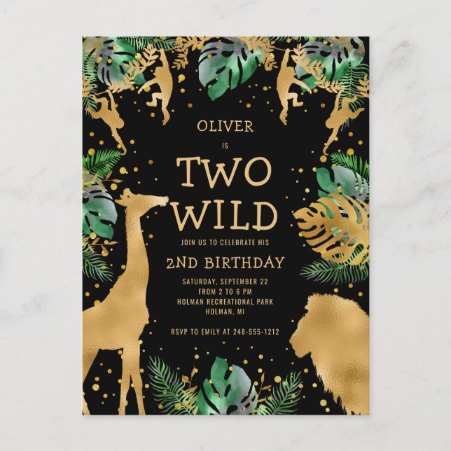 Carte Postale Deux Wild 2e fête d'anniversaire Green Gold Black (Devant)
