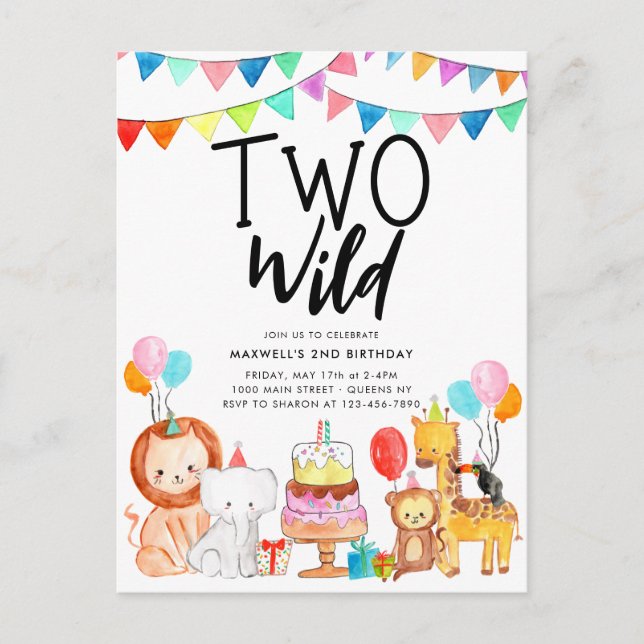 Carte Postale DEUX WILD Safari Party Animaux Enfants 2e annivers (Devant)