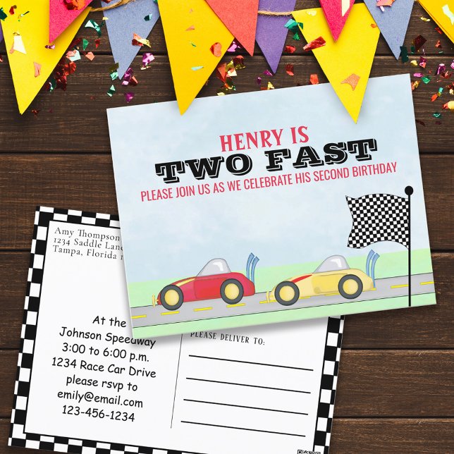 Carte Postale Deuxième Voiture de course d'anniversaire Deux Pis (Créateur téléchargé)