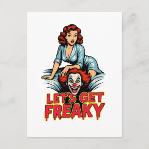 Carte Postale Devenons Fous – Rétro Pin-Up & Clown Flippant