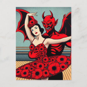 Carte Postale Devil Ballet avec une femme en robe rouge florale