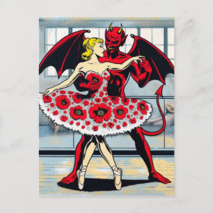 Carte Postale Devil danse avec une femme en robe rouge florale