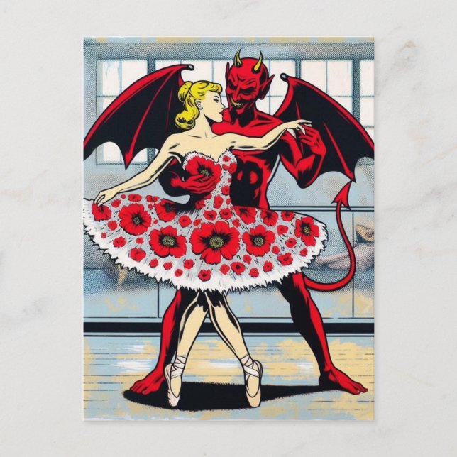 Carte Postale Devil danse avec une femme en robe rouge florale (Devant)