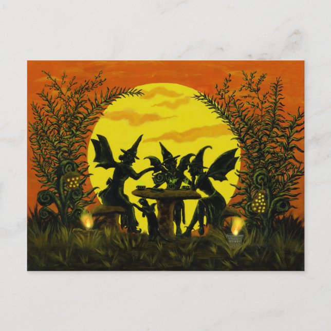 Carte postale d'Halloween, fée sorcière fête du th (Devant)