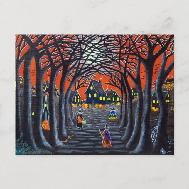 Carte postale d'Halloween, sorcières, village, cha (Devant)