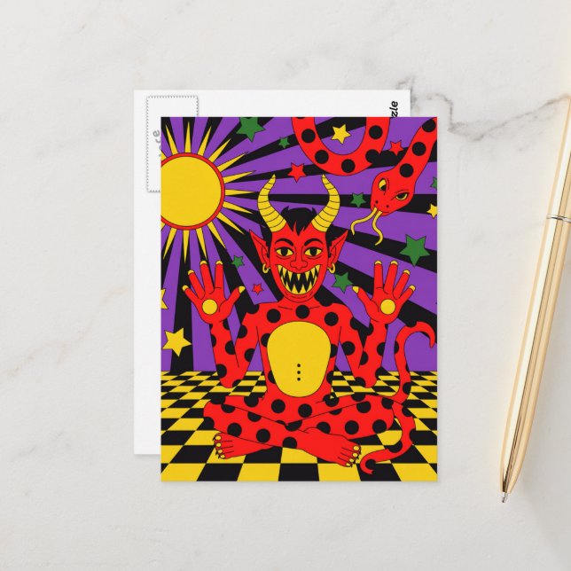 Carte Postale Diable à pois et serpent Pop Art (Devant/Arrière en situation)
