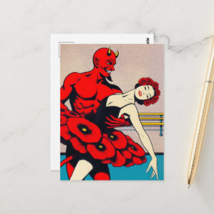 Carte Postale Diable d'art rétro avec danseuse en robe rouge à c