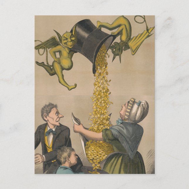 Carte Postale Diables versant des pièces d'or dans le tablier d' (Devant)