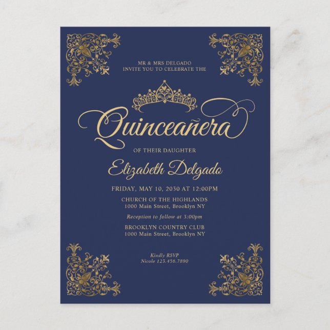 Carte Postale Diadème vintage cadre or bleu marine Quinceanera (Devant)