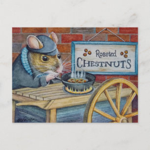Carte Postale Dickens Noël Souris Dégustation de châtaignes Art