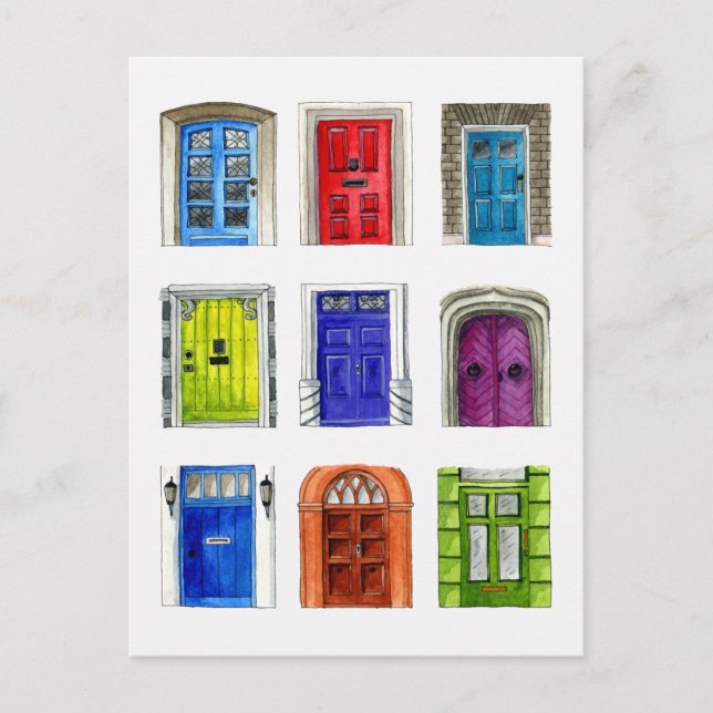 Carte postale d'illustration de portes colorées (Devant)