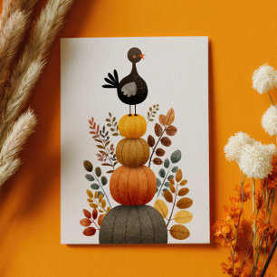 Carte Postale Dinde mignonne sur des citrouilles d'automne Rétro
