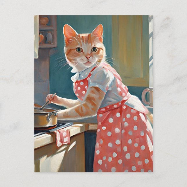 Carte Postale Dîner cuisine femme au foyer au chat (Devant)