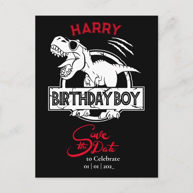Carte Postale Dino, sauvegardez la date du garçon d'anniversaire (Devant)