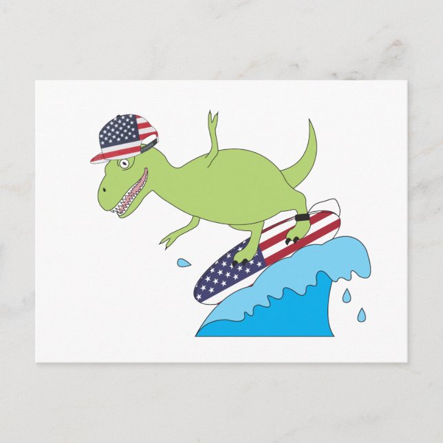 Carte Postale Dinosaure Américain Surfant avec Drapeau (Devant)
