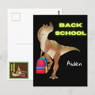 Carte Postale Dinosaure convivial avec sac à dos "Retour à l'éco
