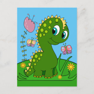 Carte Postale Dinosaure de dessin animé, fleurs et papillons