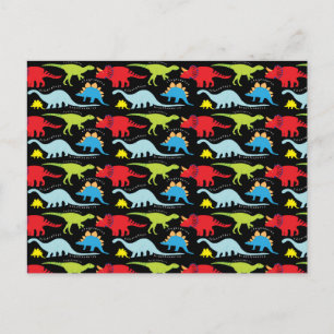 Carte Postale Dinosaure Dessins bleu rouge vert sur noir