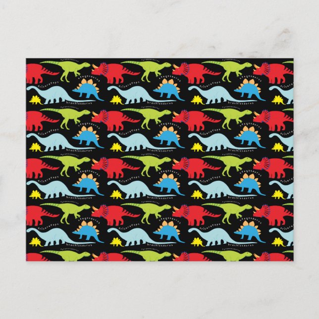 Carte Postale Dinosaure Dessins bleu rouge vert sur noir (Devant)