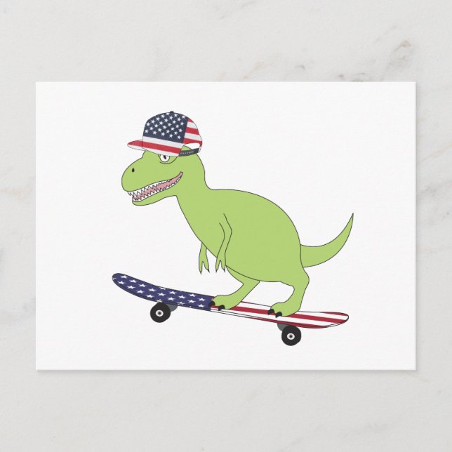 Carte Postale Dinosaure du drapeau américain en skateboard (Devant)