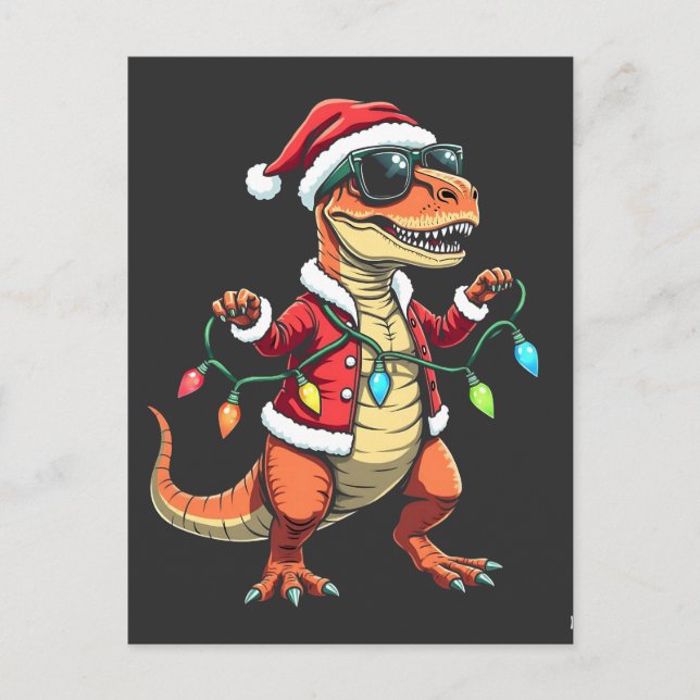 Carte Postale Dinosaure enveloppé de lumières de Noël Santa Hat (Devant)