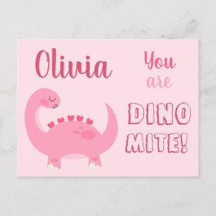 Carte Postale Dinosaure rose mignonne fille Saint Valentin Dino-