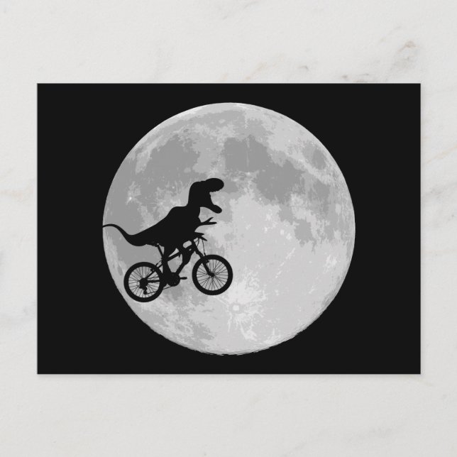 Carte Postale Dinosaure sur un vélo dans le ciel avec la lune (Devant)