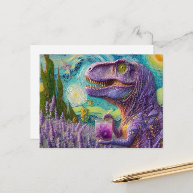 Carte Postale Dinosaure Violet Lavande Citron Faux Van Gogh (Devant/Arrière en situation)