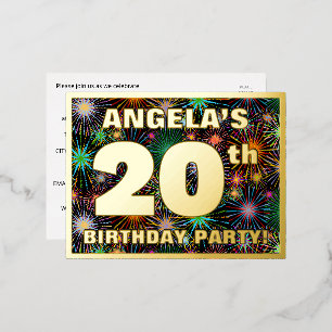 Carte Postale D'invitation À Feuilles D'aluminium 20th Birthday Party: Bold, Colorful Fireworks Look