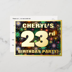 Carte Postale D'invitation À Feuilles D'aluminium 23e Birthday Party : Bold, Colorful Fireworks Look